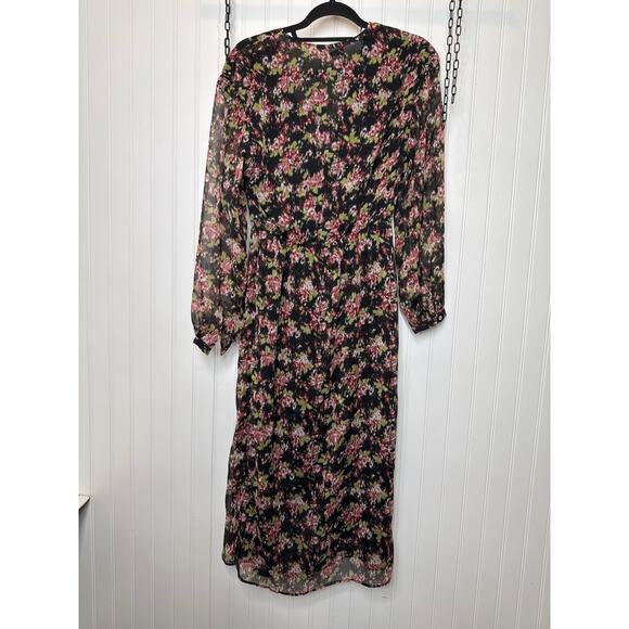NWT Mango Knot Floral Print Dress Black & Pink Asymmetrical Sheath Size S - Picture 3 of 5
